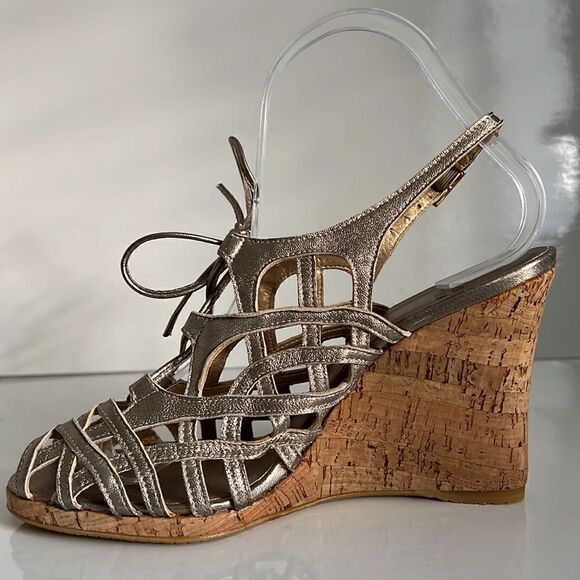 Stuart Weitzman Metallic Leather Wedge Cork Heel Lace Up Sandals Size 38 - Picture 5 of 15